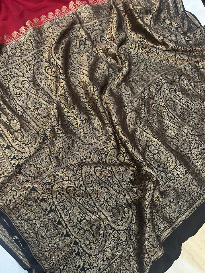 Maroon Pure Banarasi Khaddi Crepe Silk Saree - Aura Benaras