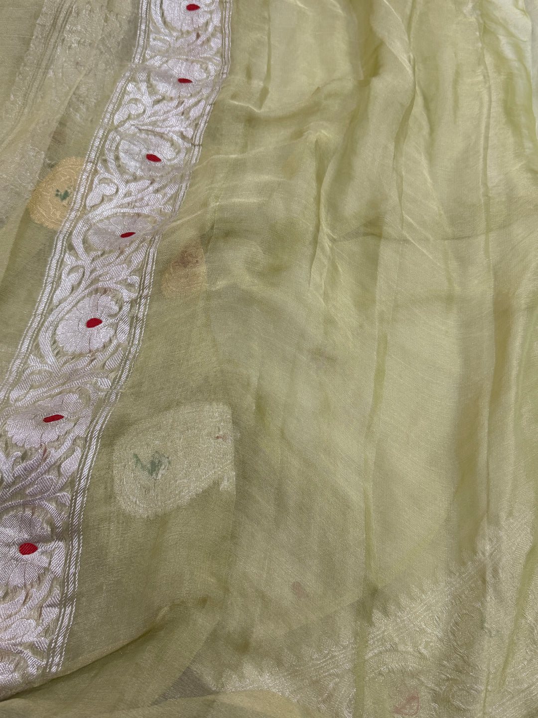 Pista Green Chiffon Tissue Silk Banarasi Saree with Sona Rupa