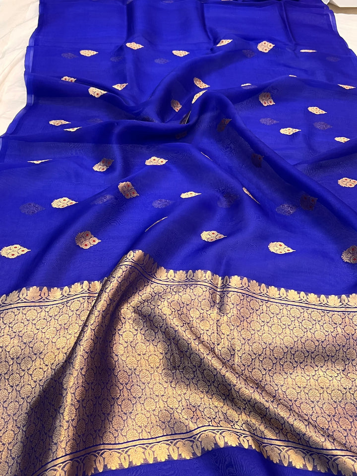 Royal Blue Pure Kora Silk Handloom Banarasi Saree