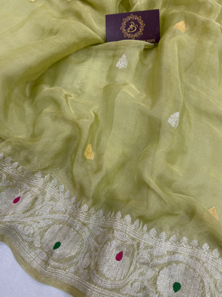 Pista Green Chiffon Tissue Silk Banarasi Saree with Sona Rupa