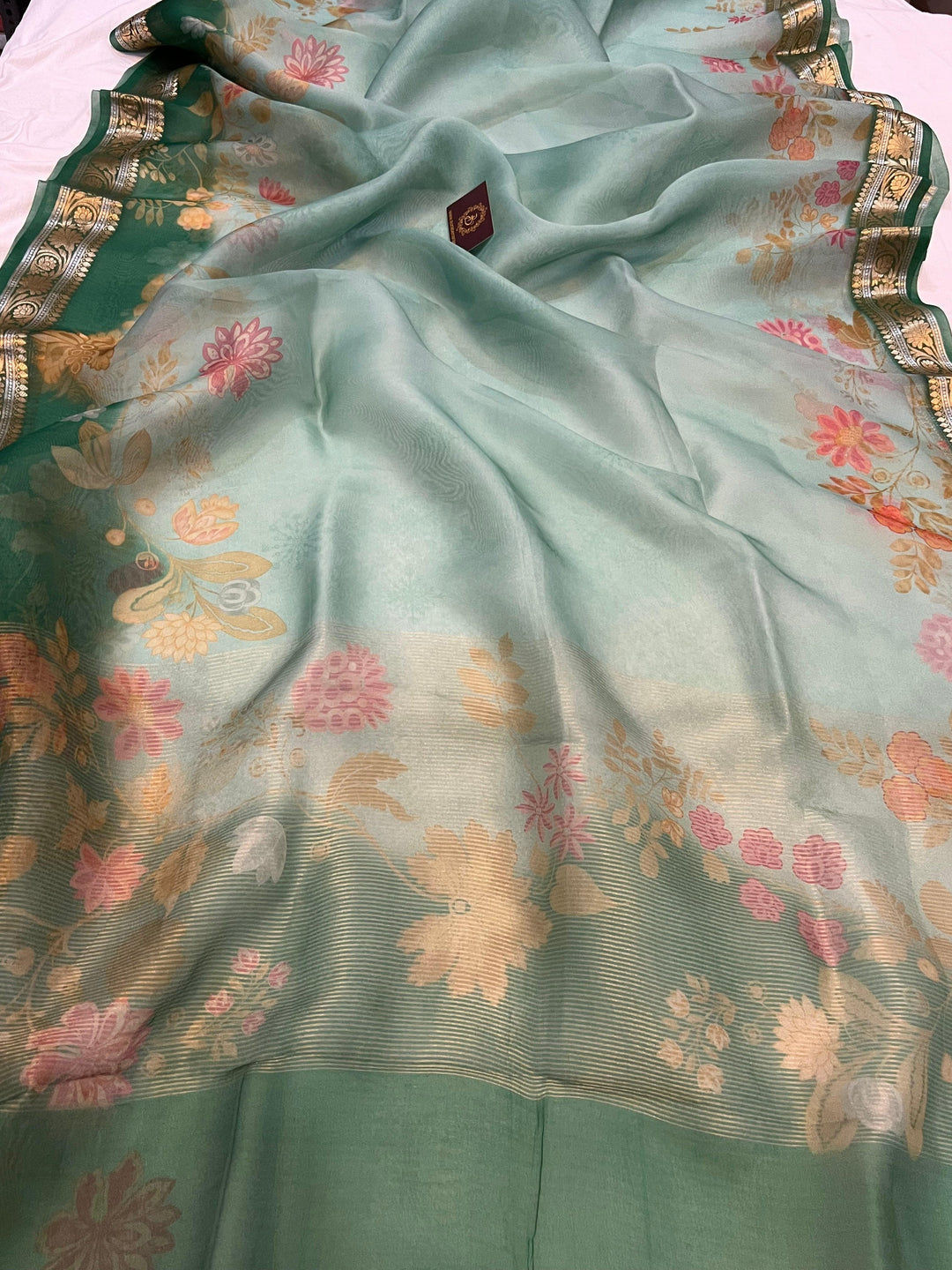 Sea Green Pure Banarasi Handloom Kora Silk Saree