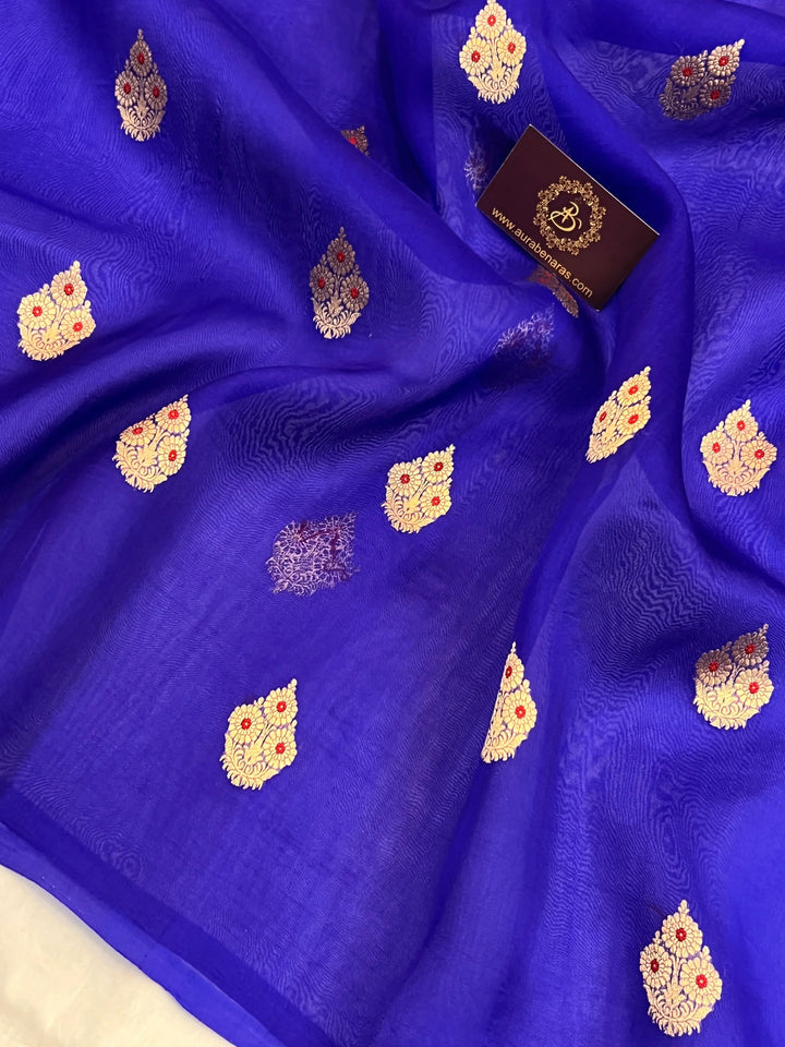 Royal Blue Pure Kora Silk Handloom Banarasi Saree