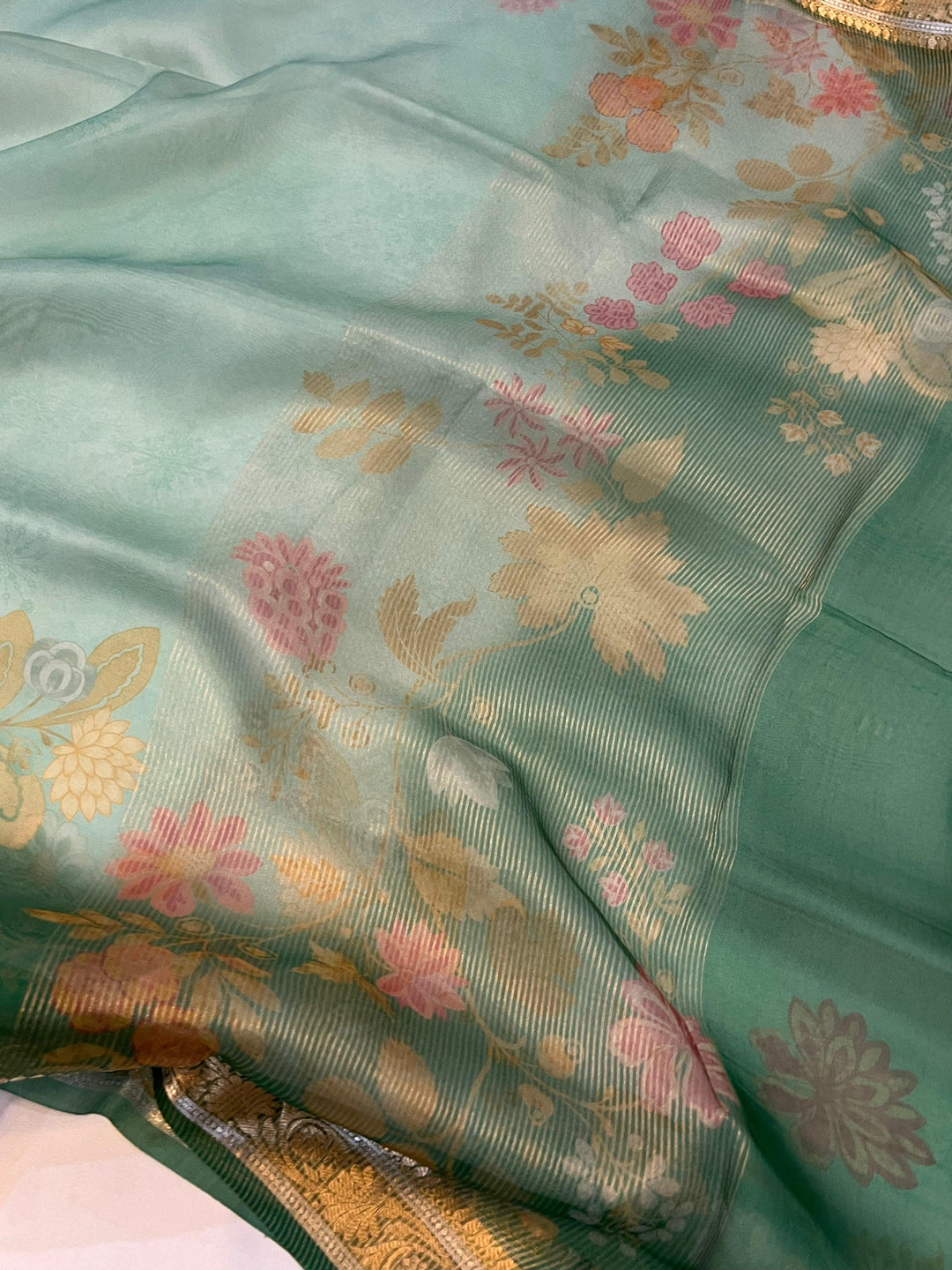 Sea Green Pure Banarasi Handloom Kora Silk Saree