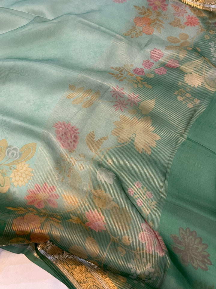 Sea Green Pure Banarasi Handloom Kora Silk Saree