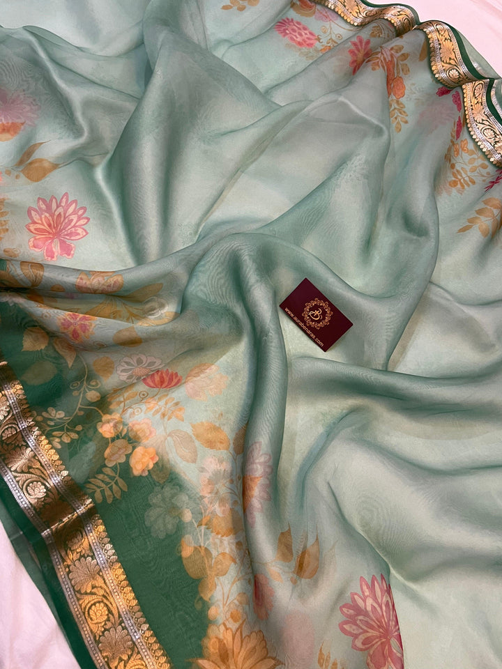 Sea Green Pure Banarasi Handloom Kora Silk Saree