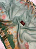 Sea Green Pure Banarasi Handloom Kora Silk Saree