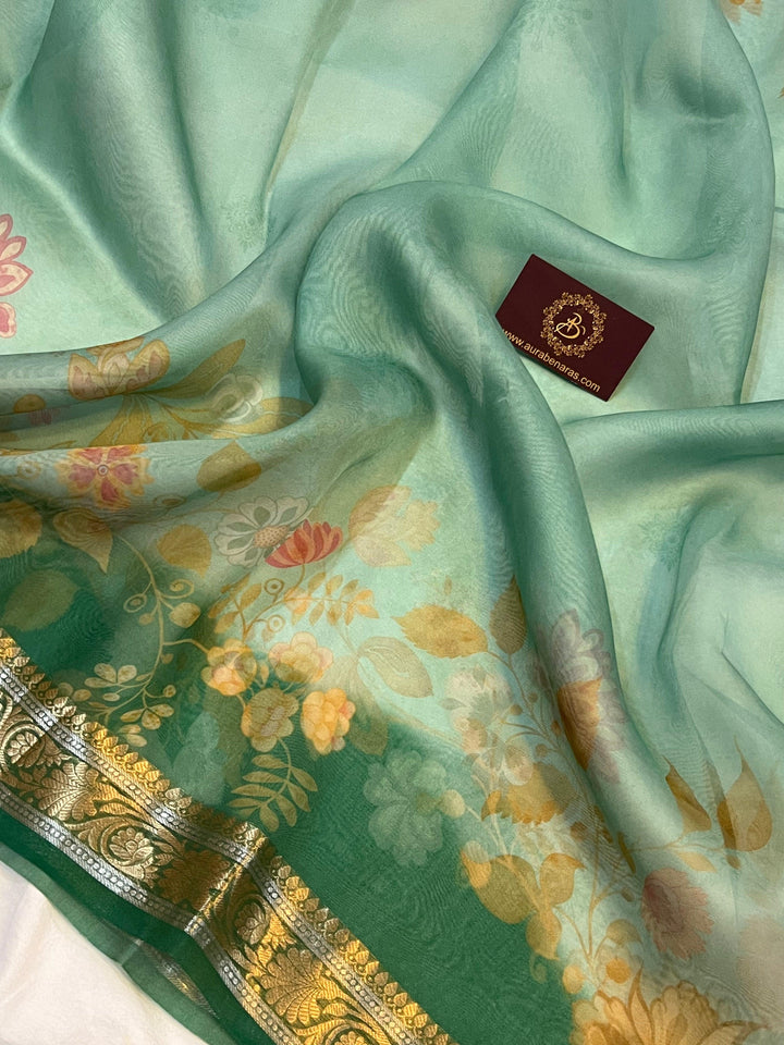 Sea Green Pure Banarasi Handloom Kora Silk Saree
