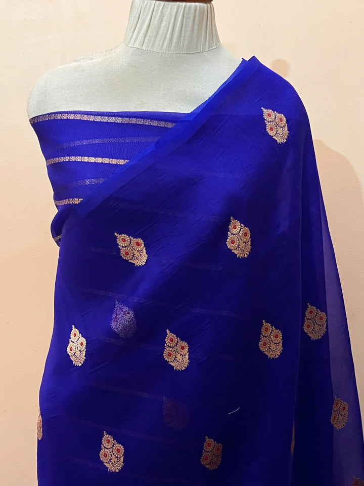 Royal Blue Pure Kora Silk Handloom Banarasi Saree