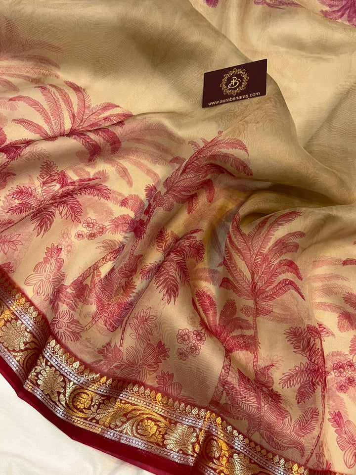 Pure Banarasi handloom Kora silk saree by Aura Benaras featuring floral digital print, designer banarasi border, and a matching Chiniya silk blouse piece—perfect for festive and elegant occasions.