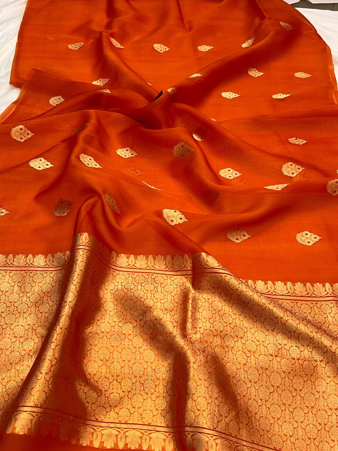 Orange Pure Kora Silk Handloom Banarasi Saree