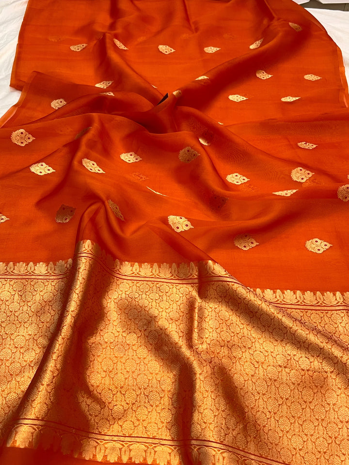 Orange Pure Kora Silk Handloom Banarasi Saree