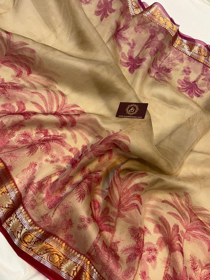 Pure Banarasi handloom Kora silk saree by Aura Benaras featuring floral digital print, designer banarasi border, and a matching Chiniya silk blouse piece—perfect for festive and elegant occasions.