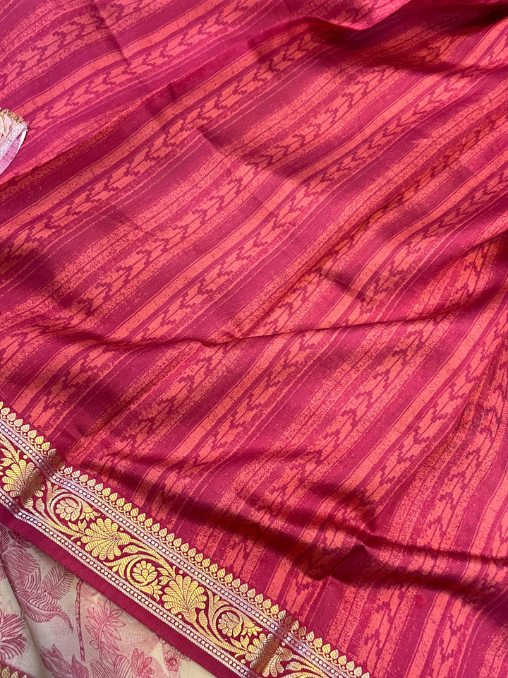 Pure Banarasi handloom Kora silk saree by Aura Benaras featuring floral digital print, designer banarasi border, and a matching Chiniya silk blouse piece—perfect for festive and elegant occasions.