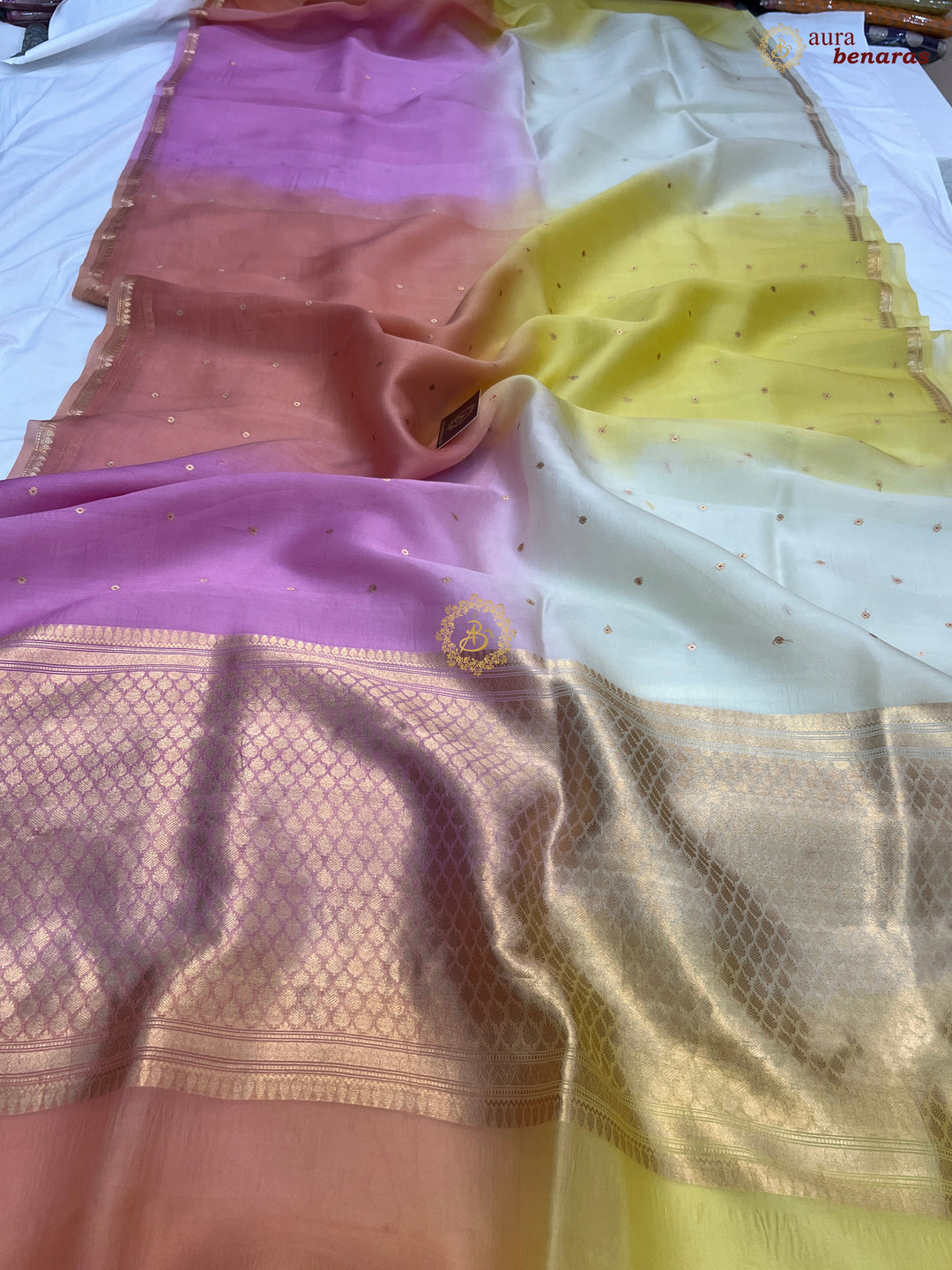 Multi shaded Kora Silk Banarasi Saree with Zari Butis 
