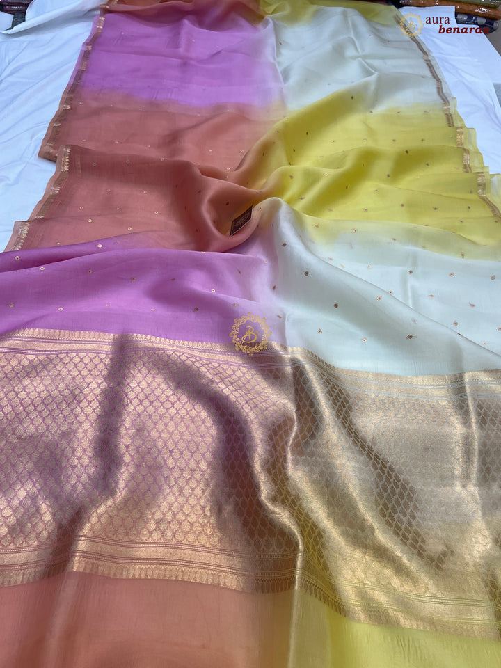 Multi shaded Kora Silk Banarasi Saree with Zari Butis 