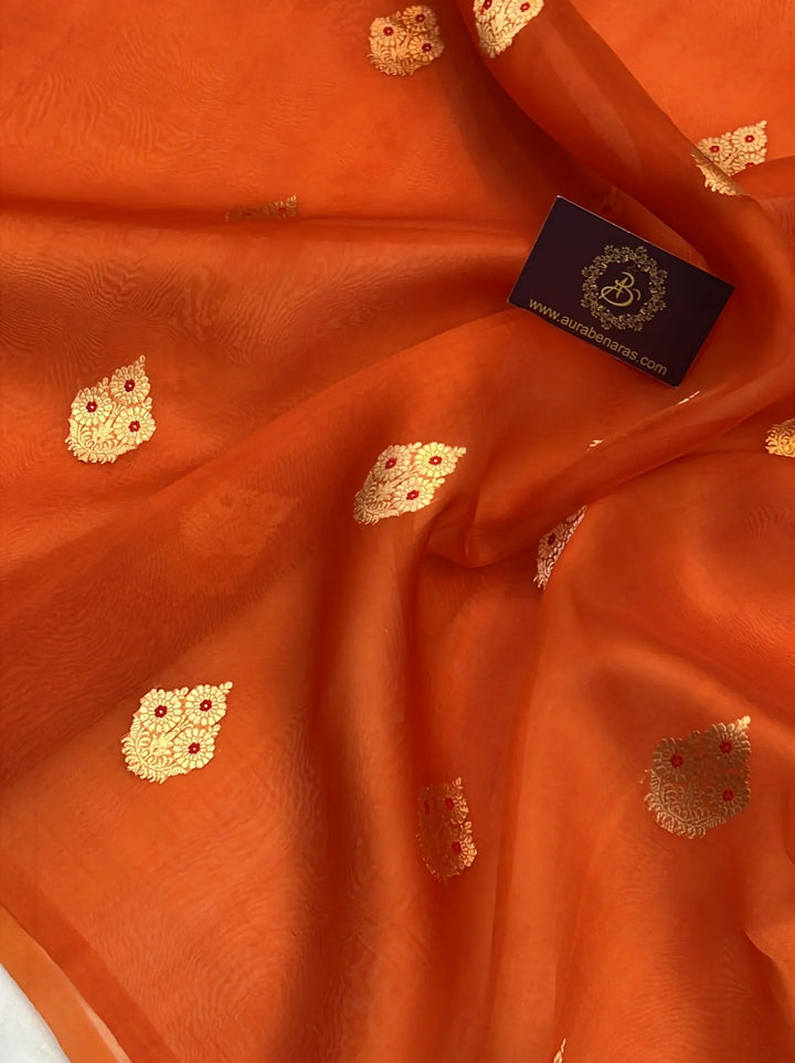 Orange Pure Kora Silk Handloom Banarasi Saree