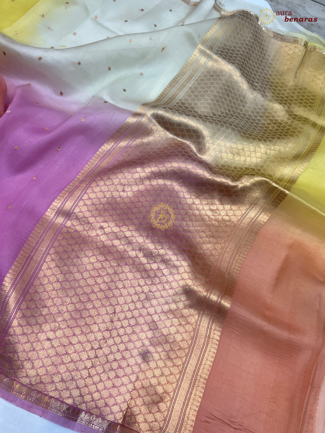 Multi shaded Kora Silk Banarasi Saree with Zari Butis 