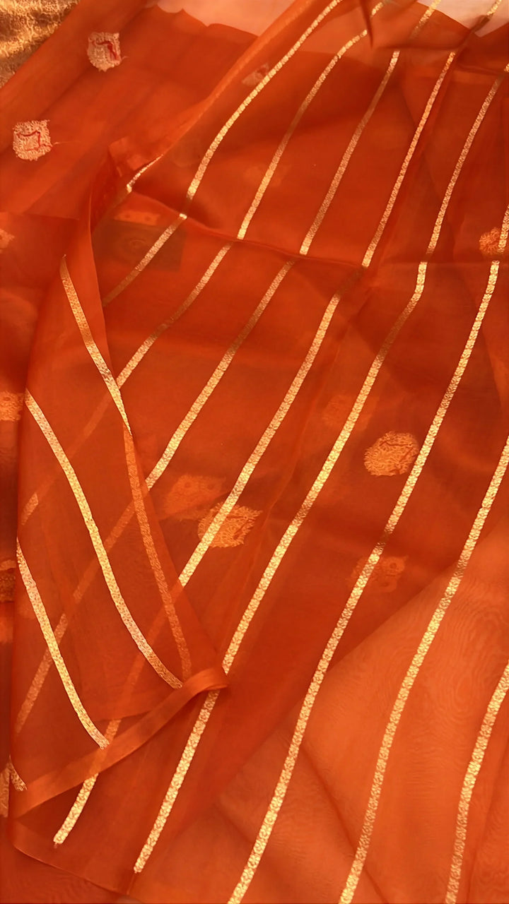 Orange Pure Kora Silk Handloom Banarasi Saree