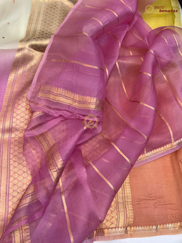Multi shaded Kora Silk Banarasi Saree with Zari Butis 