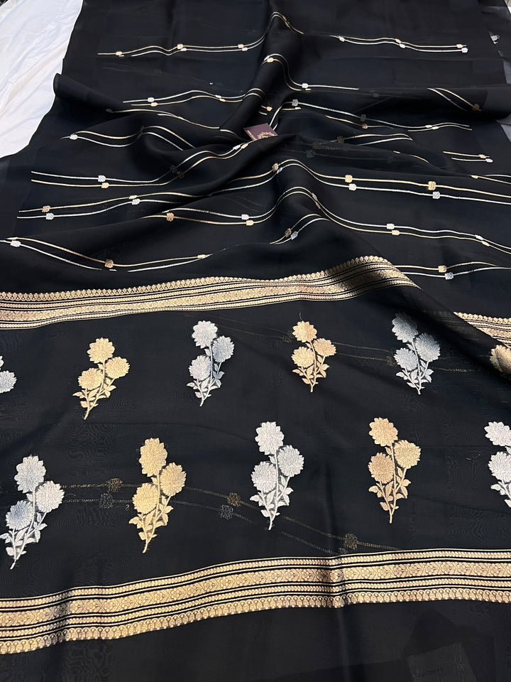 Black Pure Banarasi Handloom Kora Silk Saree