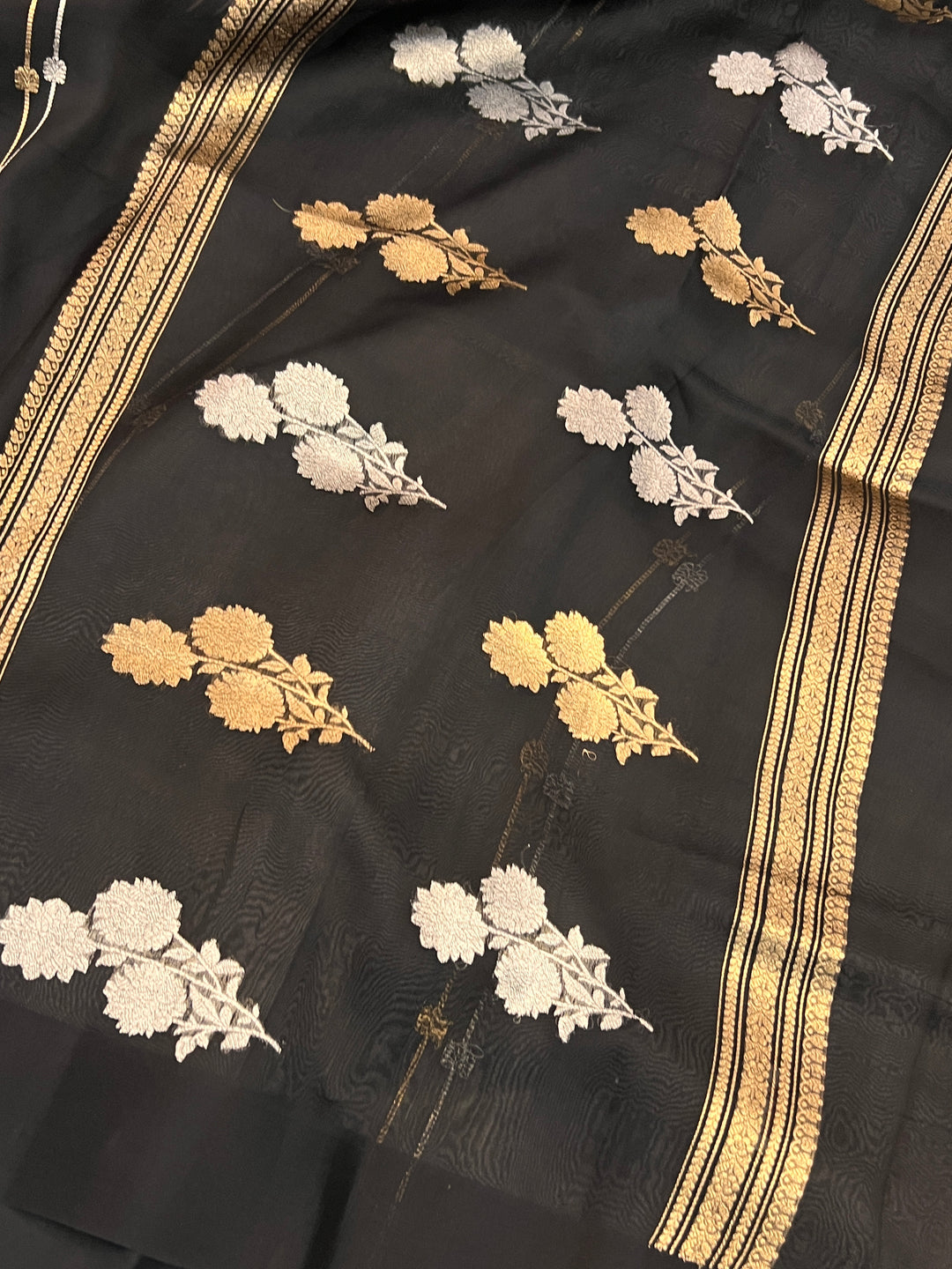 Black Pure Banarasi Handloom Kora Silk Saree