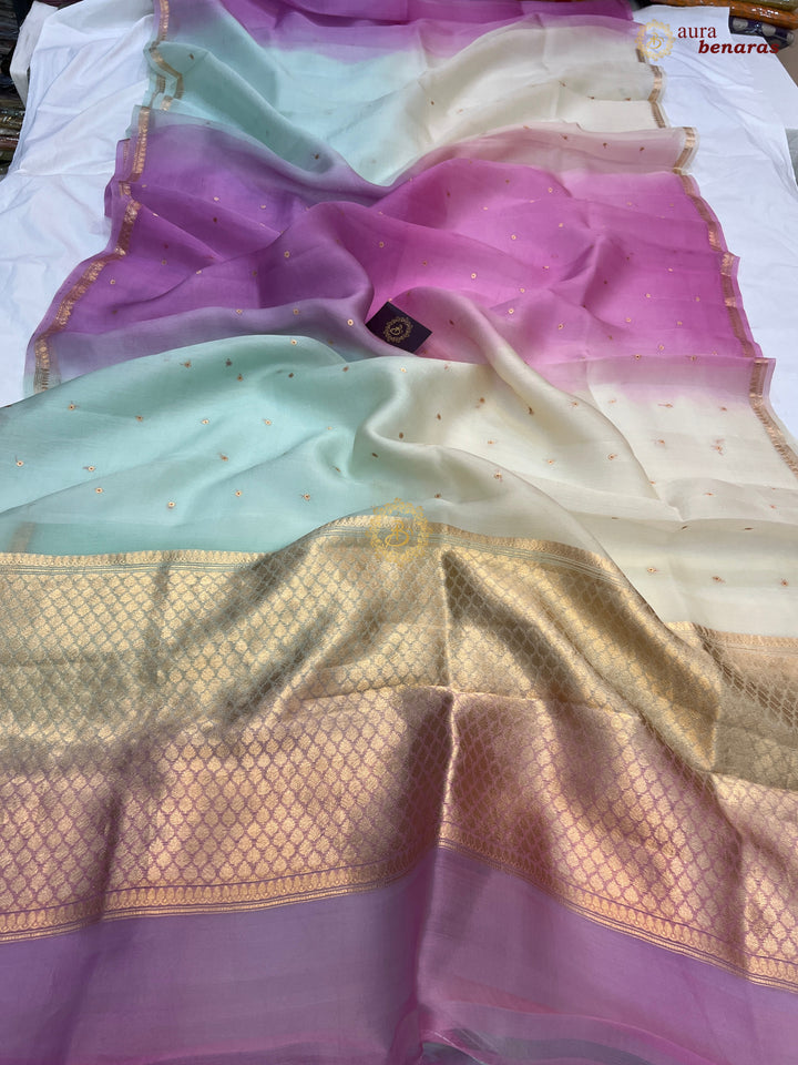 Multi shaded Kora Silk Banarasi Saree with Zari Butis 