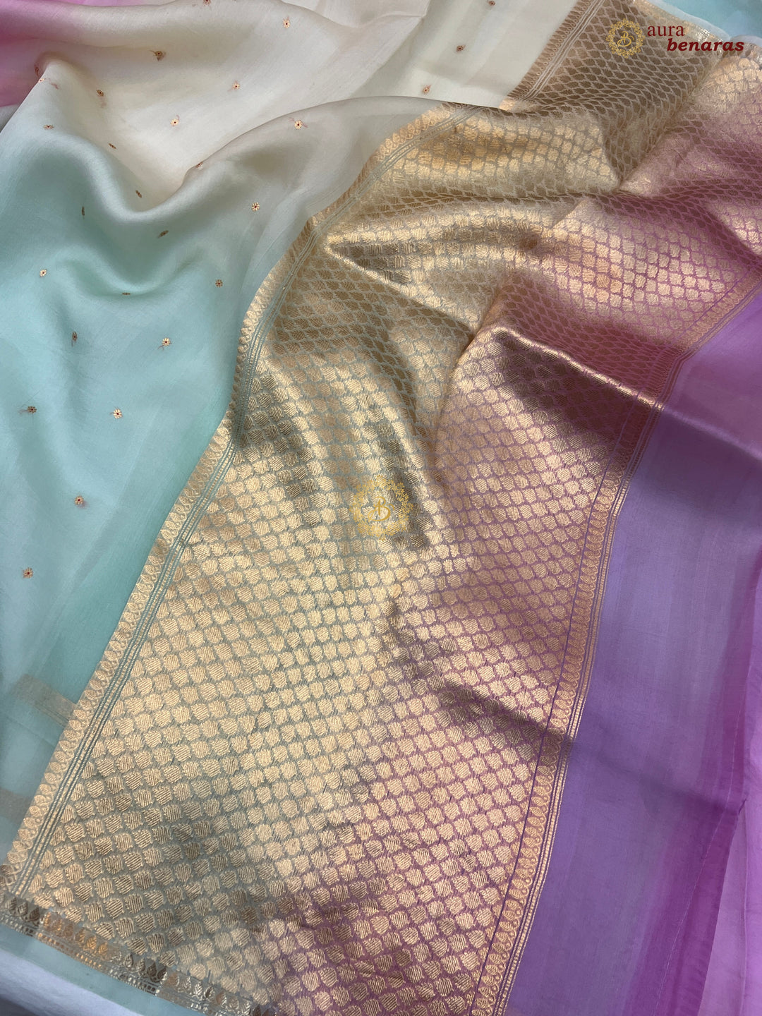 Multi shaded Kora Silk Banarasi Saree with Zari Butis 