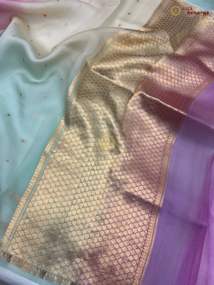 Multi shaded Kora Silk Banarasi Saree with Zari Butis 