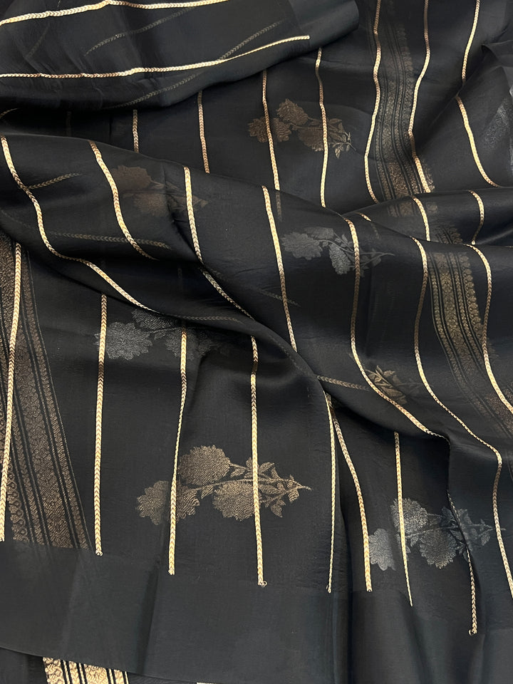 Black Pure Banarasi Handloom Kora Silk Saree