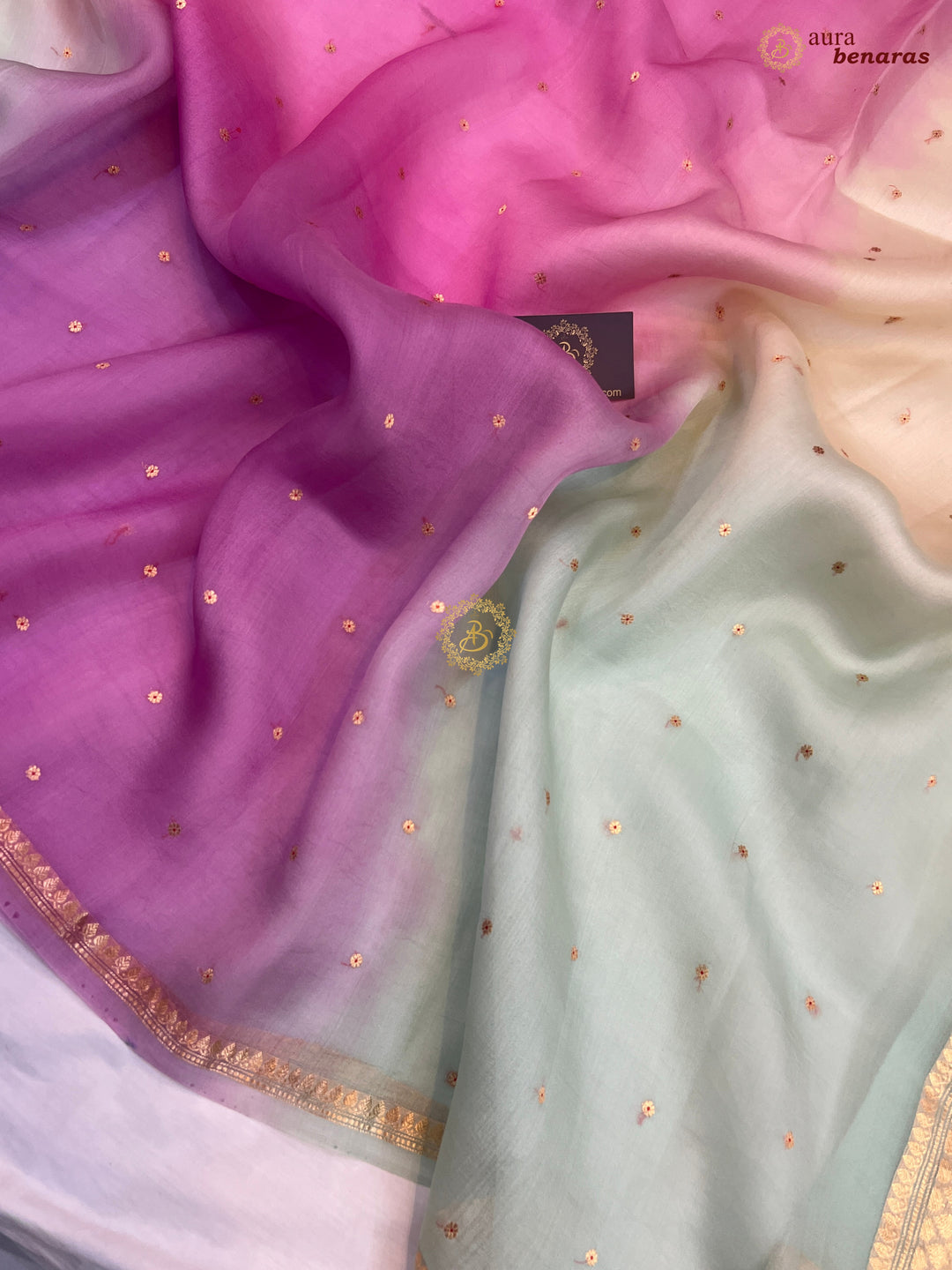 Multi shaded Kora Silk Banarasi Saree with Zari Butis 
