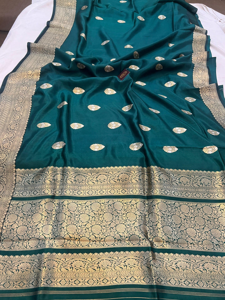 Bottle Green Pure Banarasi Handloom Silk Saree - Aura Benaras