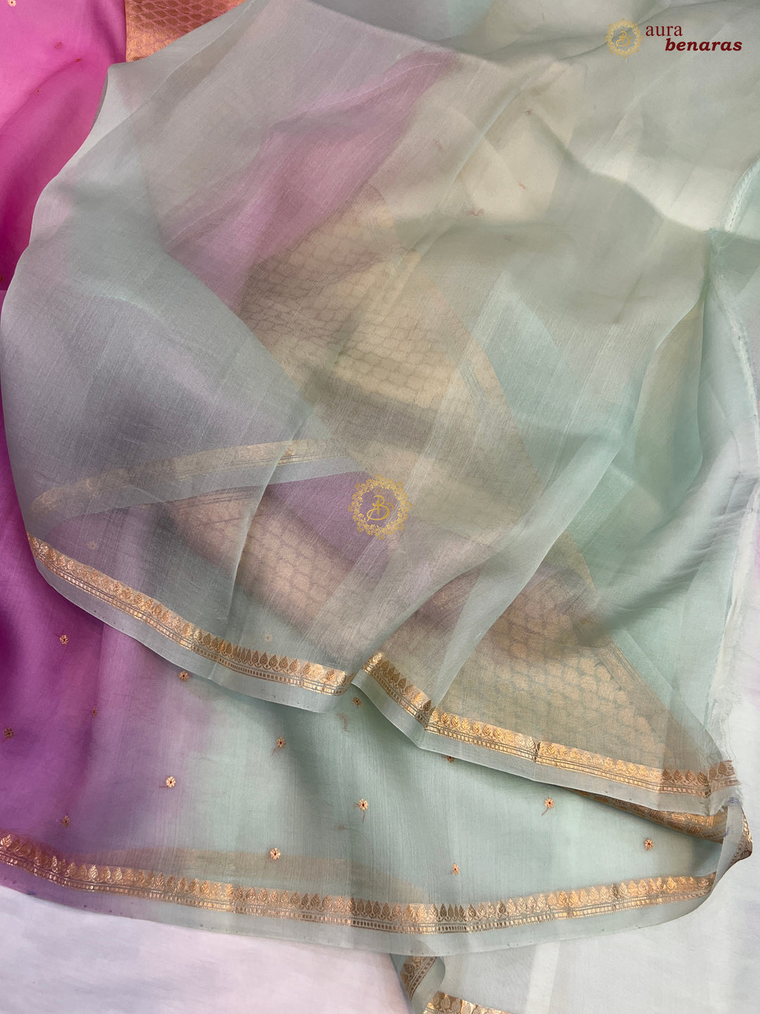 Multi shaded Kora Silk Banarasi Saree with Zari Butis 