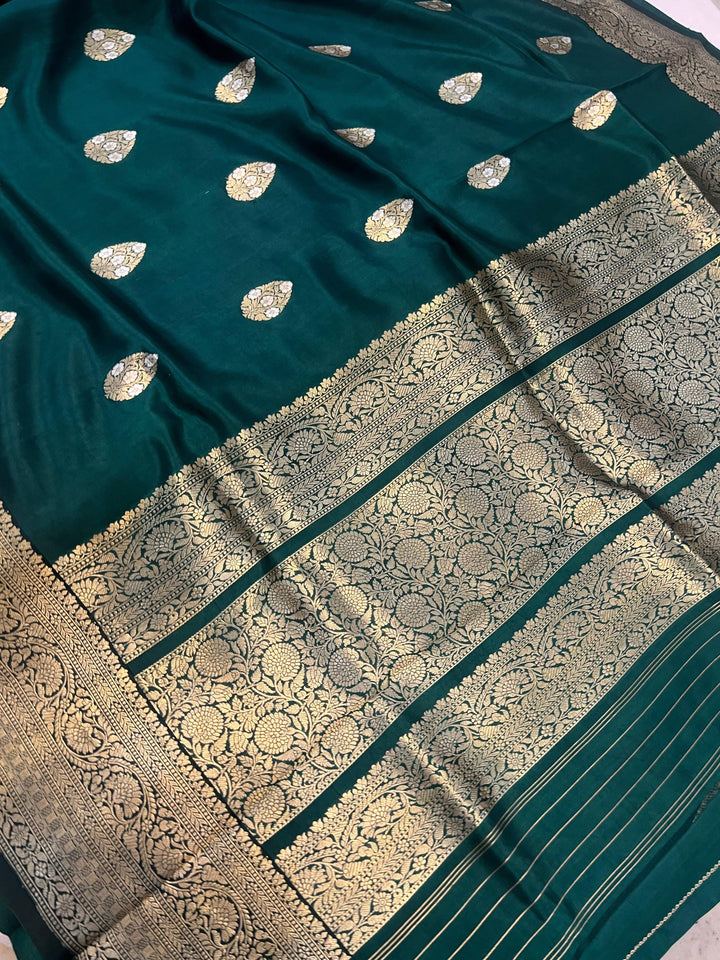 Bottle Green Pure Banarasi Handloom Silk Saree - Aura Benaras