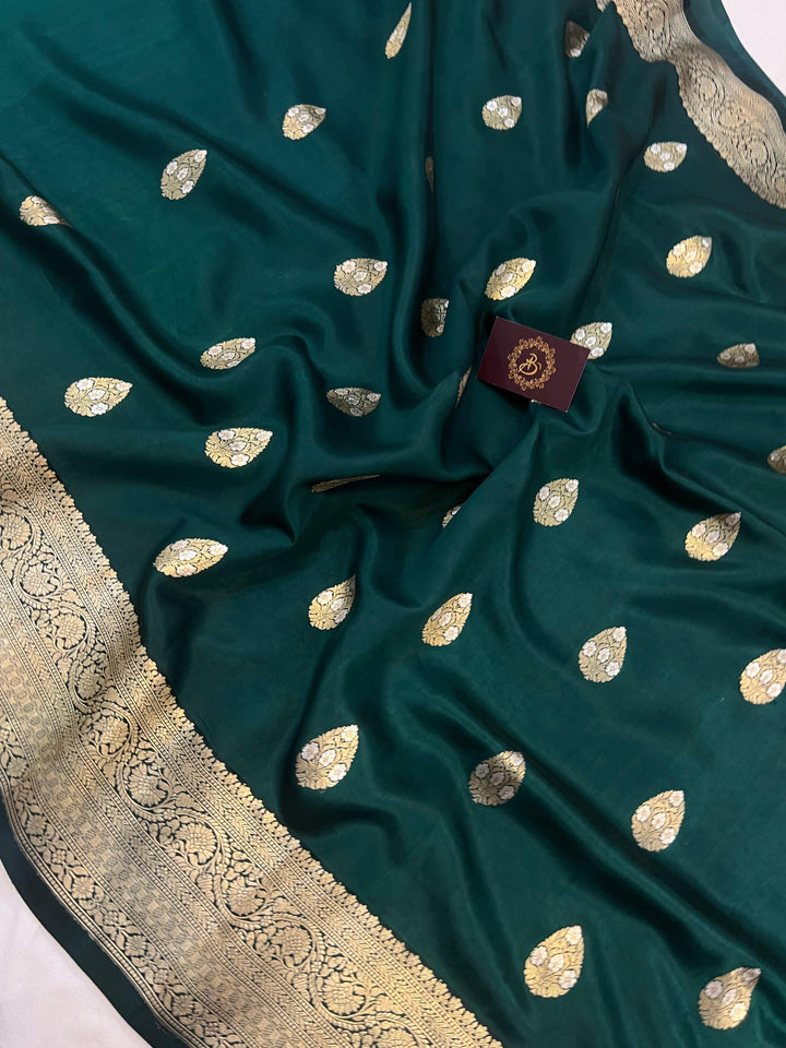 Bottle Green Pure Banarasi Handloom Silk Saree - Aura Benaras