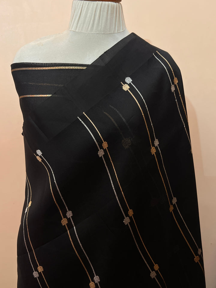 Black Pure Banarasi Handloom Kora Silk Saree