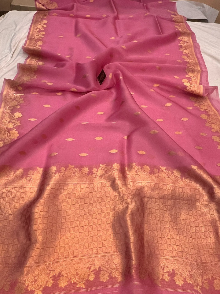 Baby Pink Pure Kora Silk Handloom Banarasi Saree