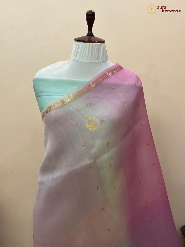 Multi shaded Kora Silk Banarasi Saree with Zari Butis 