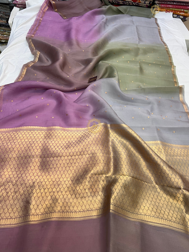 Multi shaded Kora Silk Banarasi Saree with Zari Butis 