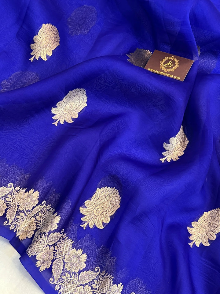 Royal Blue Pure Kora Silk Handloom Banarasi Saree