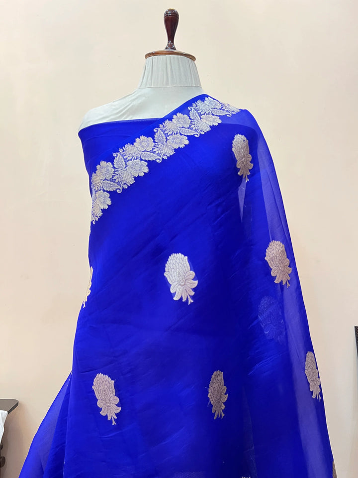 Royal Blue Pure Kora Silk Handloom Banarasi Saree