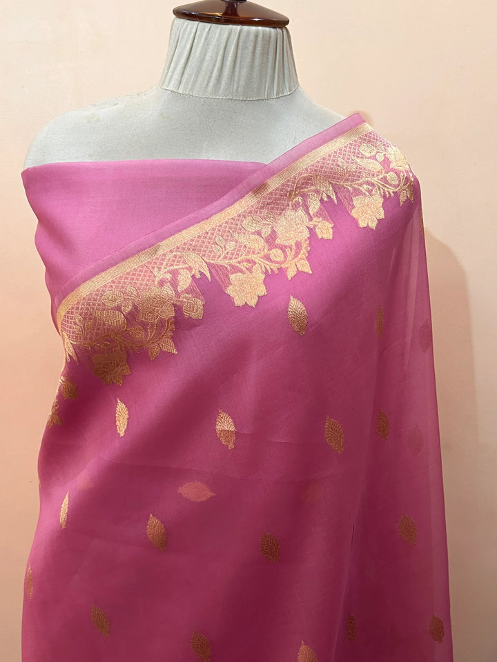 Baby Pink Pure Kora Silk Handloom Banarasi Saree