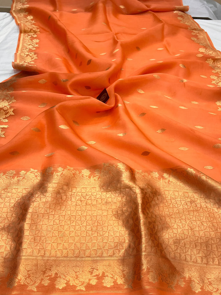 Peach Pure Kora Silk Handloom Banarasi Saree