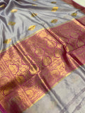 Greyish Lavender Banarasi Handloom Kora Silk Saree - Aura Benaras