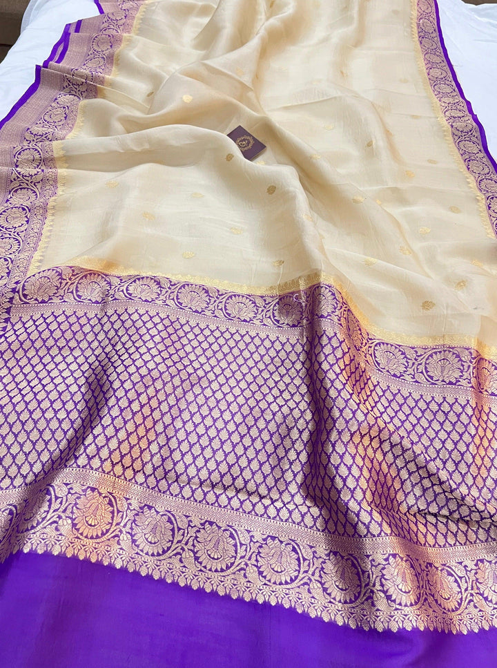 Beige Banarasi Handloom Kora Silk Saree - Aura Benaras