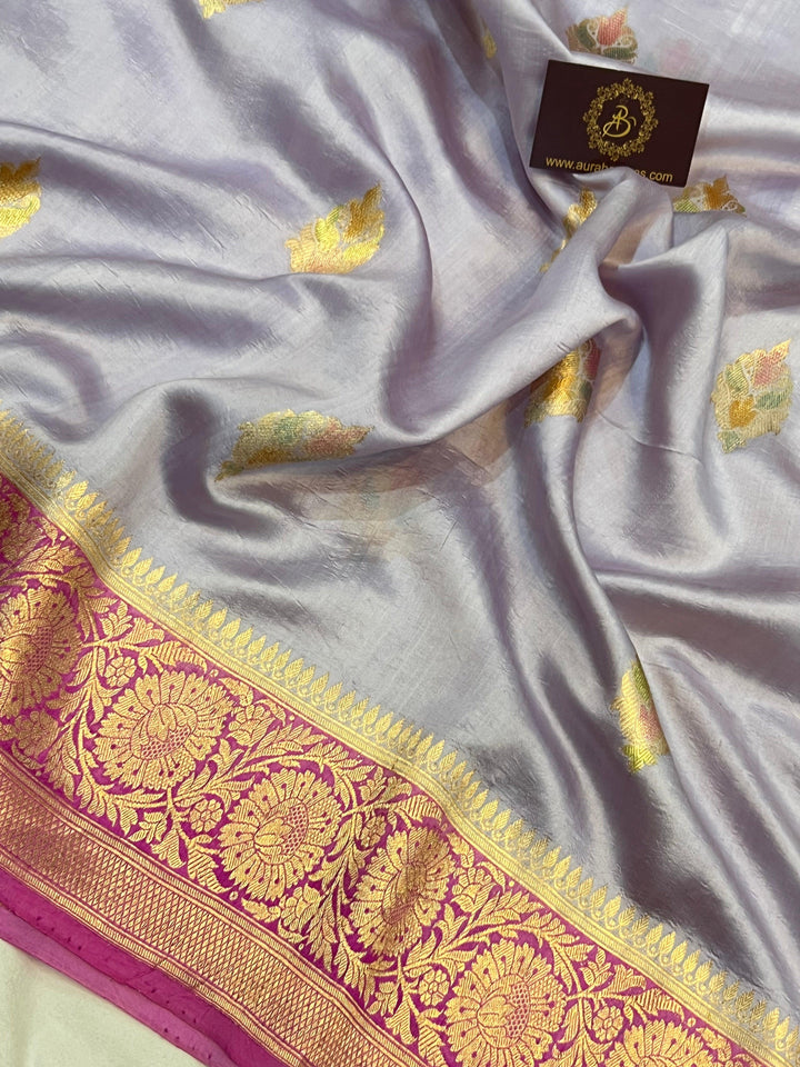 Greyish Lavender Banarasi Handloom Kora Silk Saree - Aura Benaras