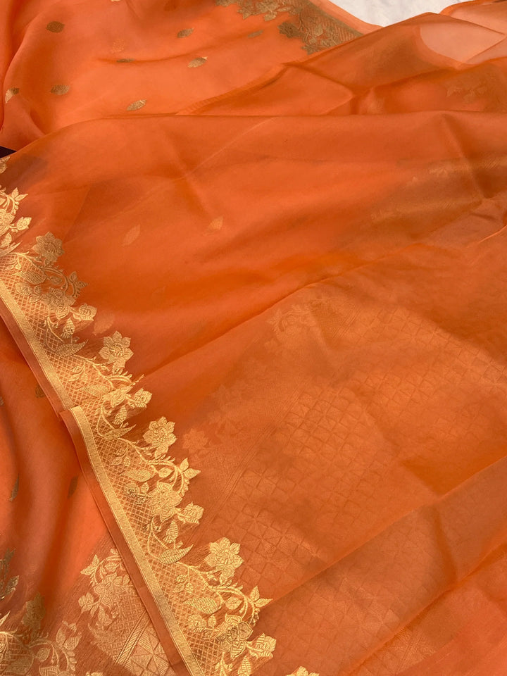 Peach Pure Kora Silk Handloom Banarasi Saree