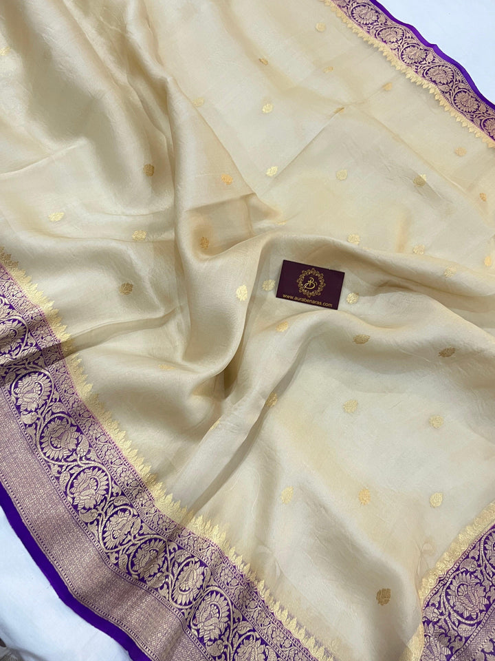 Beige Banarasi Handloom Kora Silk Saree - Aura Benaras