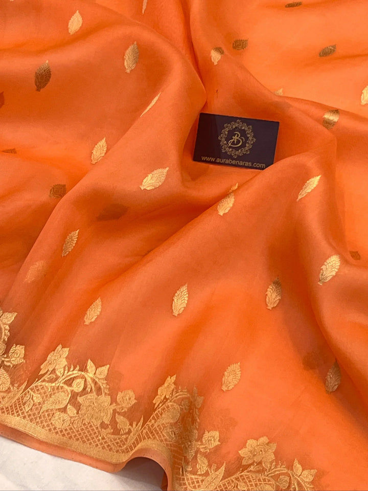 Peach Pure Kora Silk Handloom Banarasi Saree