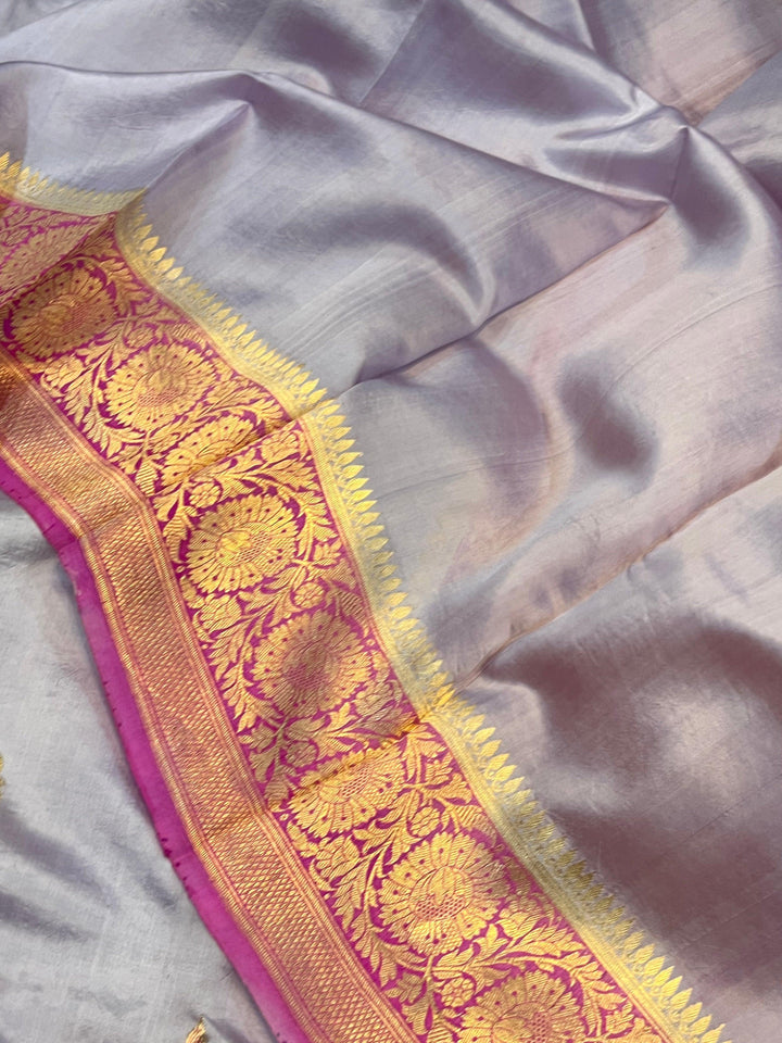 Greyish Lavender Banarasi Handloom Kora Silk Saree - Aura Benaras