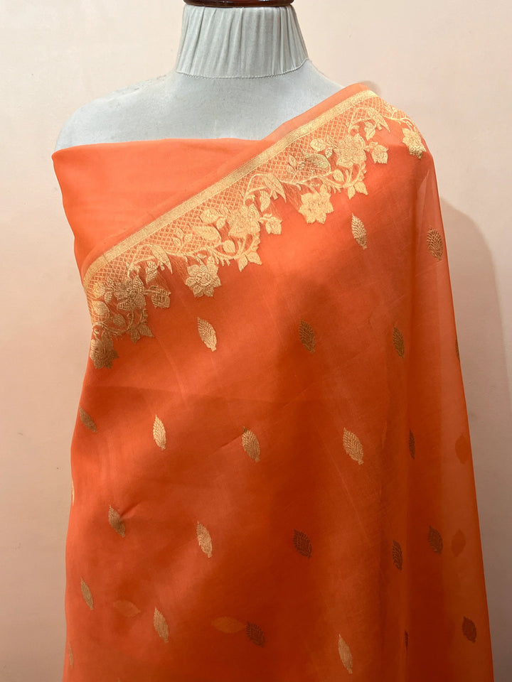 Peach Pure Kora Silk Handloom Banarasi Saree